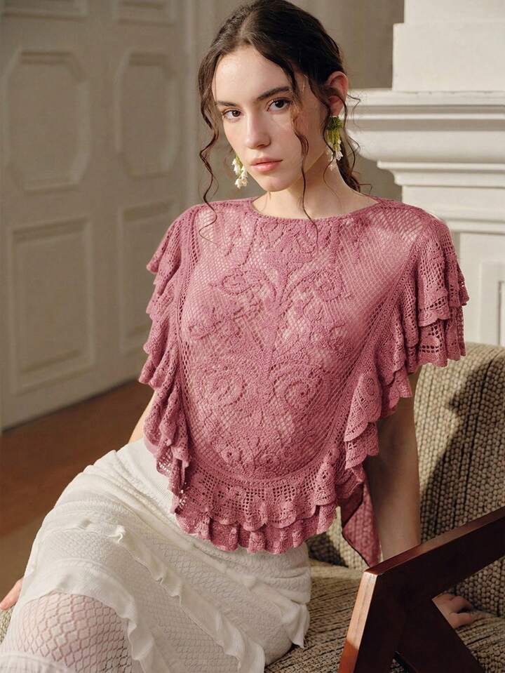 CM-TS415052 Women Elegant Seoul Style Round Neck Sleeveless Elastic Ruffled Hem Cropped Top - Pink