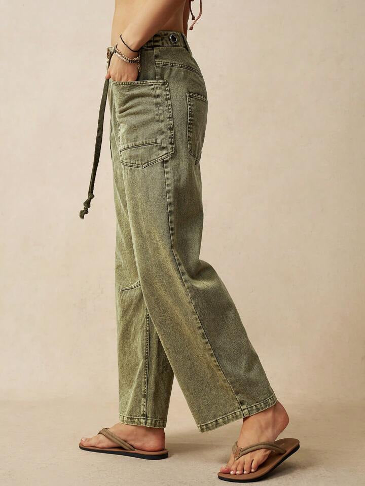 CM-BS329992 Women Casual Seoul Style Tie Drop Waist Straight Wide Leg Pants - Army Green