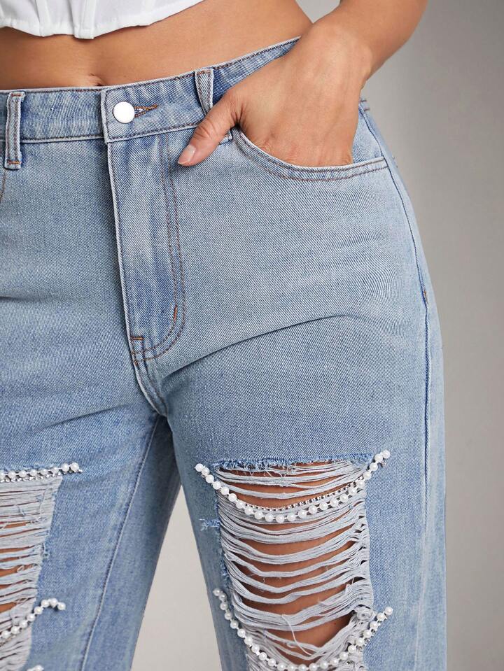 CM-BS343367 Women Casual Seoul Style Low Waist Distressed Pearl Accents Wide-Leg Jeans - Royal Blue