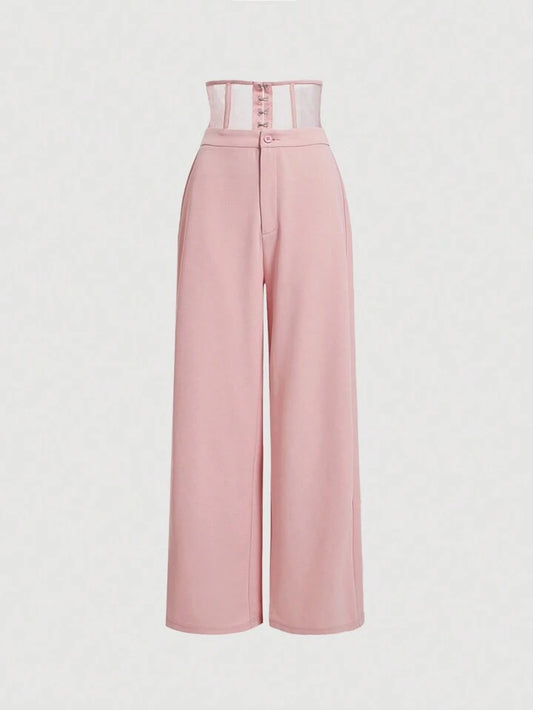 CM-BS174101 Women Elegant Seoul Style Ultra High Waist Belt Straight Leg Pants - Pink