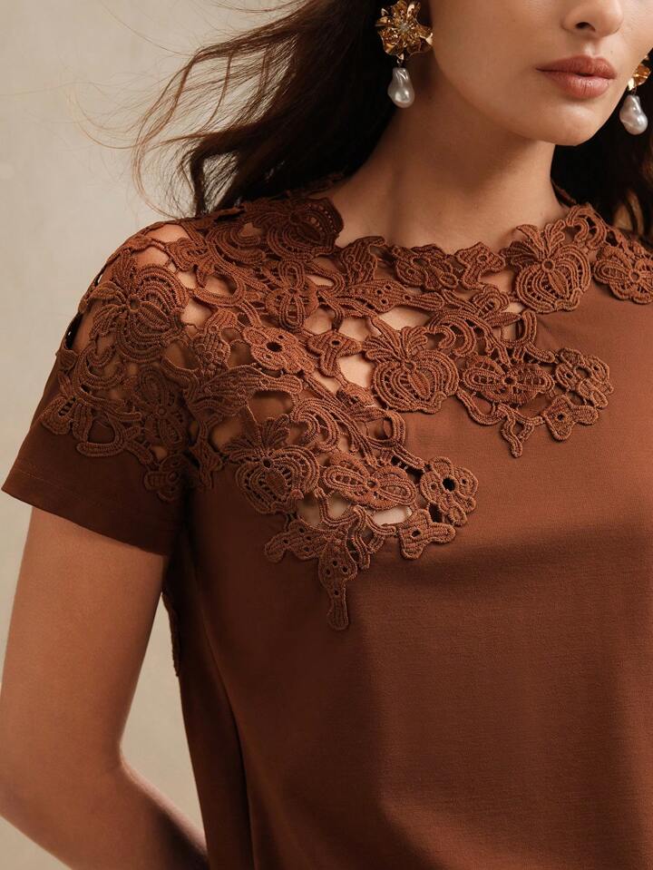 CM-TS115759 Women Casual Seoul Style Lace Crochet Patchwork Hollow Out Short Sleeve Blouse - Coffee Brown
