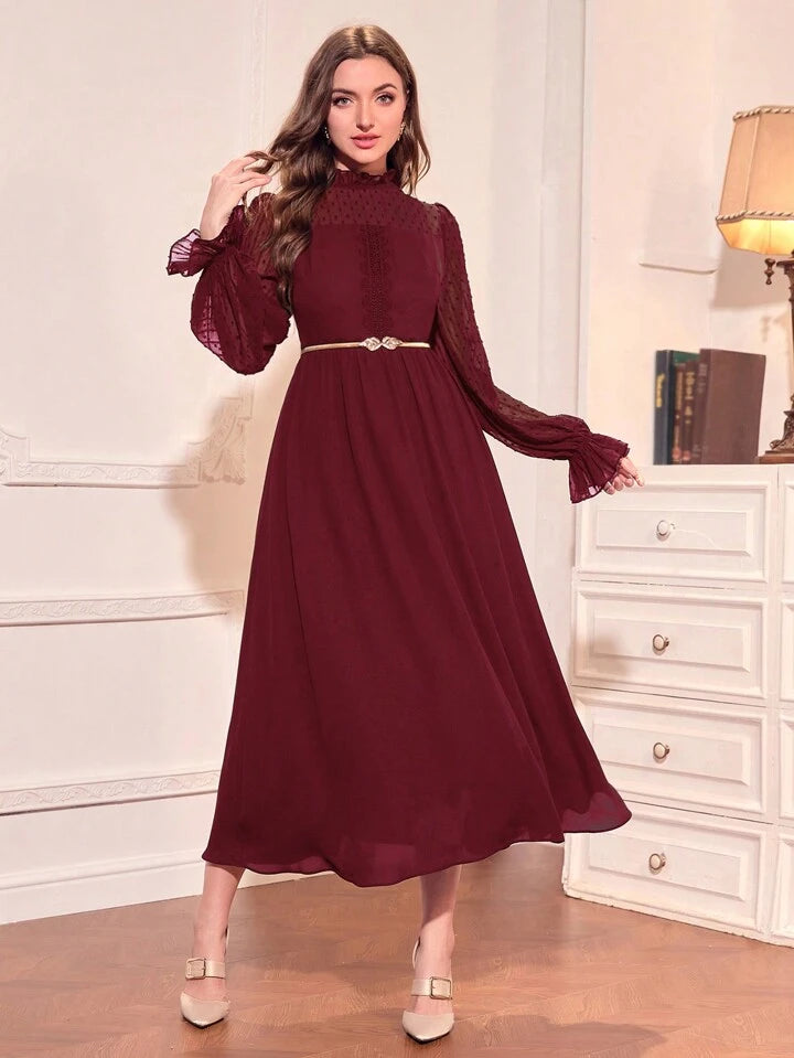 CM-DS265256 Women Elegant Seoul Style Stand Collar Long Sleeve Belted Dress - Burgundy