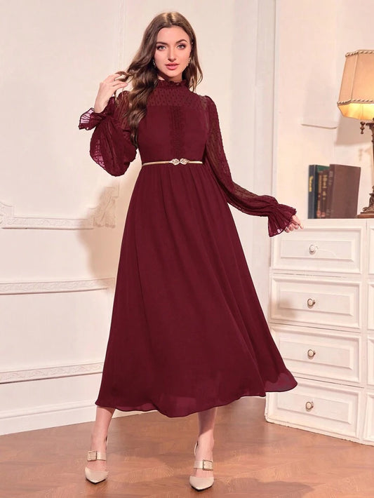 CM-DS265256 Women Elegant Seoul Style Stand Collar Long Sleeve Belted Dress - Burgundy