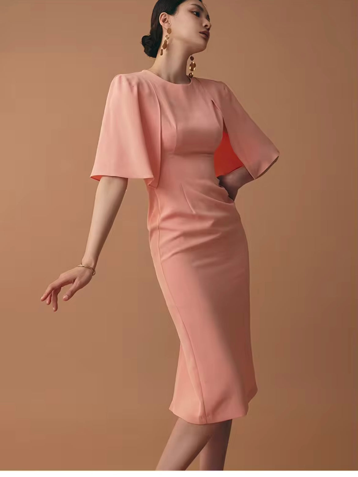 CM-DY014587 Women Elegant European Style Round Nexk Lotus Sleeve Midi Dress (Available in 2 colors)