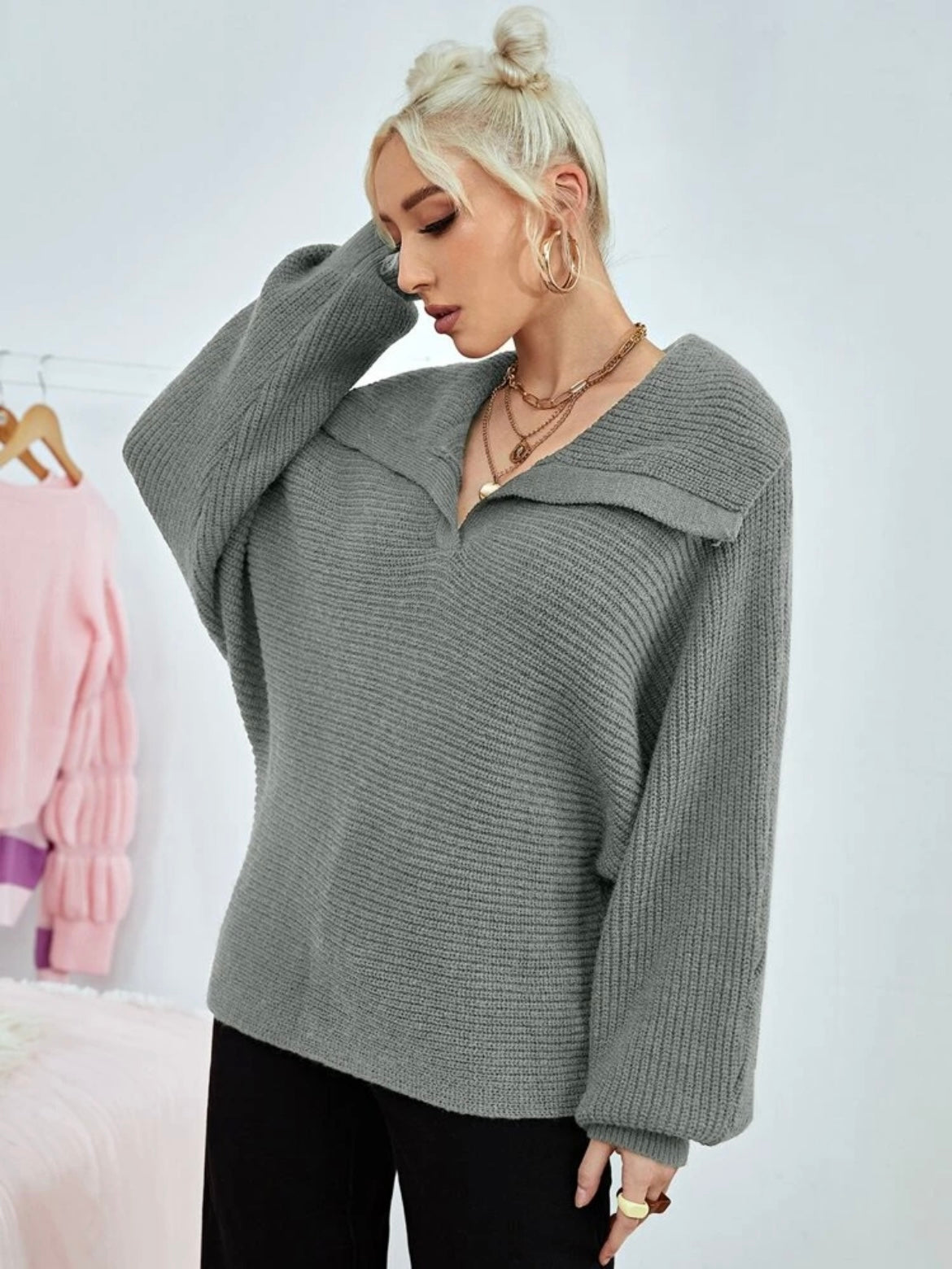 CM-CS902722 Women Casual Seoul Style Loose Fold Collared Bishop Sleeve Sweater - Gray