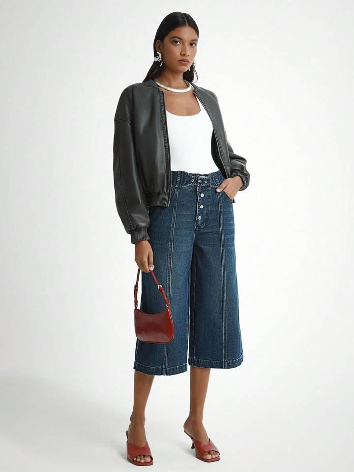 CM-BS200792 Women Casual Seoul Style Button Front Pocket Wide Leg Loose 7/8 Length Jeans