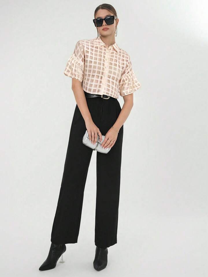 CM-TS615490 Women Casual Seoul Style Plaid Mesh Drop Shoulder Crop Shirt - Apricot