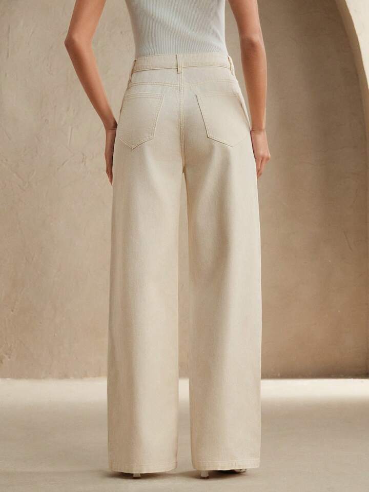 CM-BS639077 Women Casual Seoul Style Mid Waist Rhinestoned Decor Straight Leg Jeans - Beige