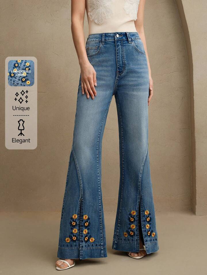 CM-BS483376 Women Elegant Seoul Style Mid Waist Embroidered Floral Flared Jeans - Blue
