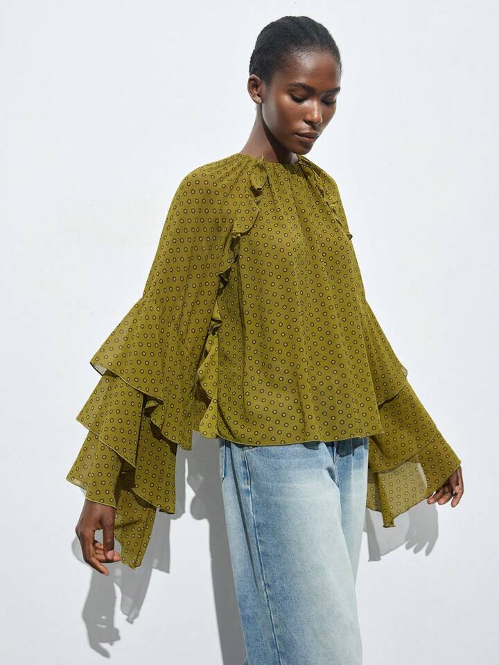 CM-TS667004 Women Elegant Seoul Style Round Neck Polka Dot Ruffle Hem Bell Sleeve Blouse - Green