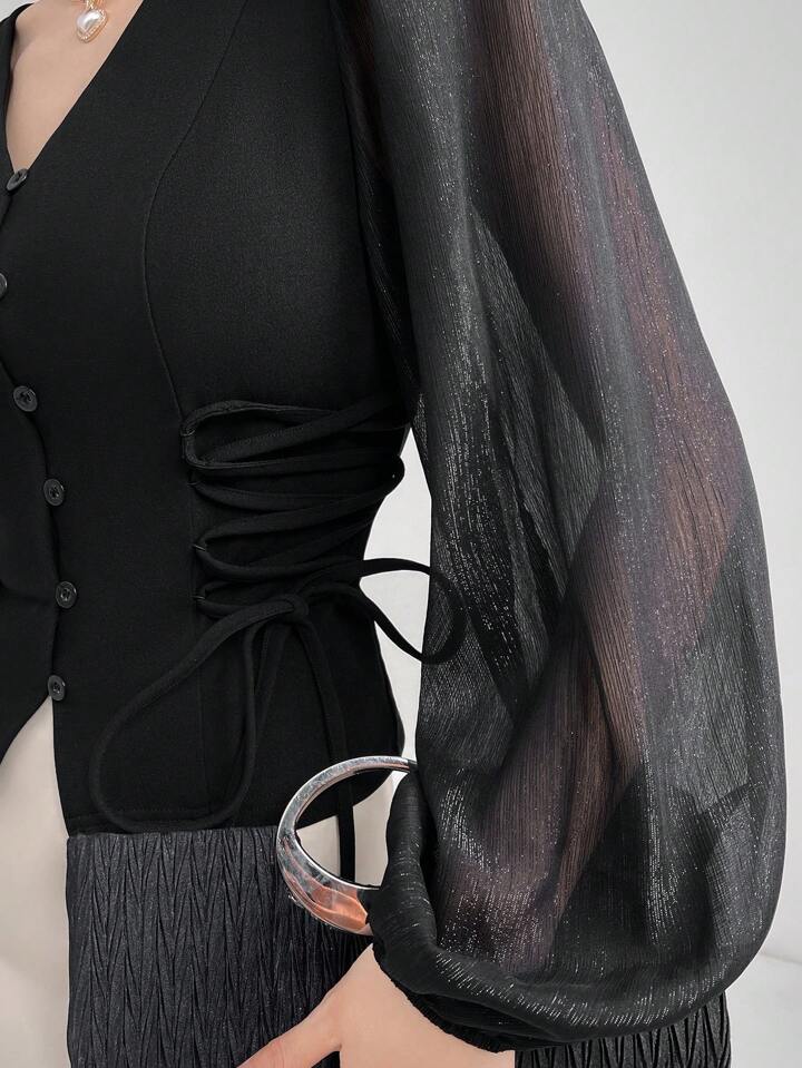CM-TS854985 Women Elegant Seoul Style Sheer V-Neck Puff Lantern Sleeves Lace-Up Detail Blouse - Black