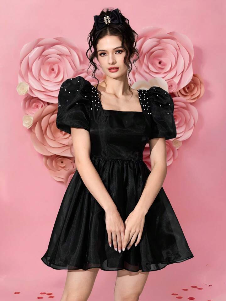 CM-DS577797 Women Elegant Seoul Style Square Neck Puff Sleeve High Waist Short Dress - Black