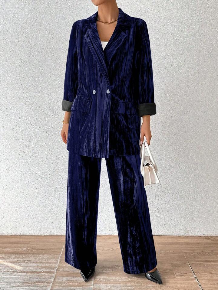 CM-SS141161 Women Elegant Seoul Style Stand Collar Long Sleeve Velvet Jacket With Straight Leg Pants Suit - Navy Blue