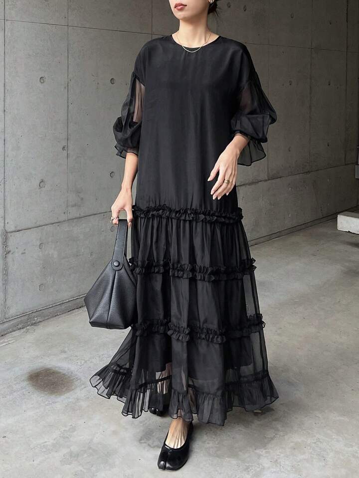 CM-DS872665 Women Casual Seoul Style Round Neck Mesh-Sheer Panel Ruffle Hem Loose Fit Long Dress - Black