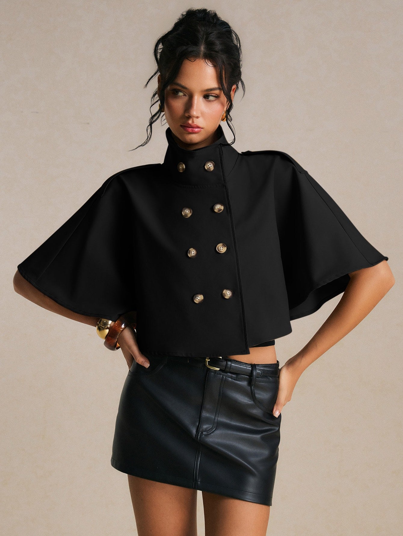 CM-CS774785 Women Elegant Seoul Style Short Sleeve Cropped Double Breasted Cape Trench Coat - Black