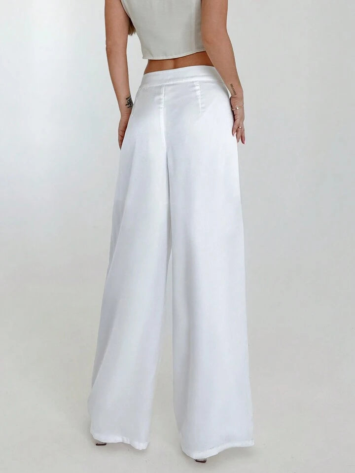 CM-BS063961 Women Casual Seoul Style Low Waist Pleated Straight Leg Long Pants - White