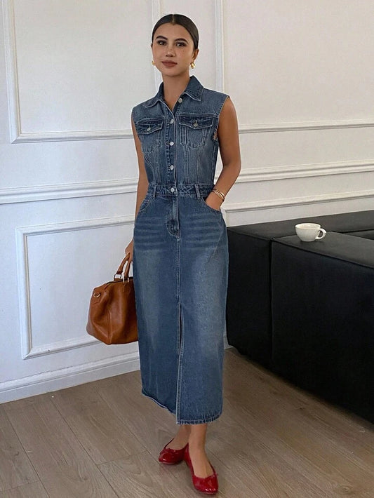 CM-DS949833 Women Casual Seoul Style Collar Neckline Sleeveless High Waist Denim Dress - Blue