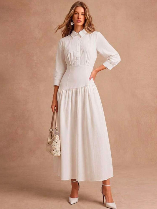 CM-DS246517 Women Elegant Seoul Style Collar Neckline 3/4 Sleeve Pleated Cinched Waist Dress - White