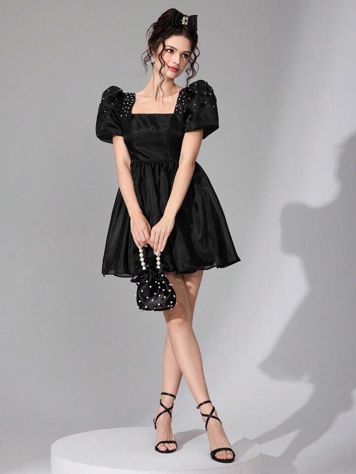 CM-DS577797 Women Elegant Seoul Style Square Neck Puff Sleeve High Waist Short Dress - Black