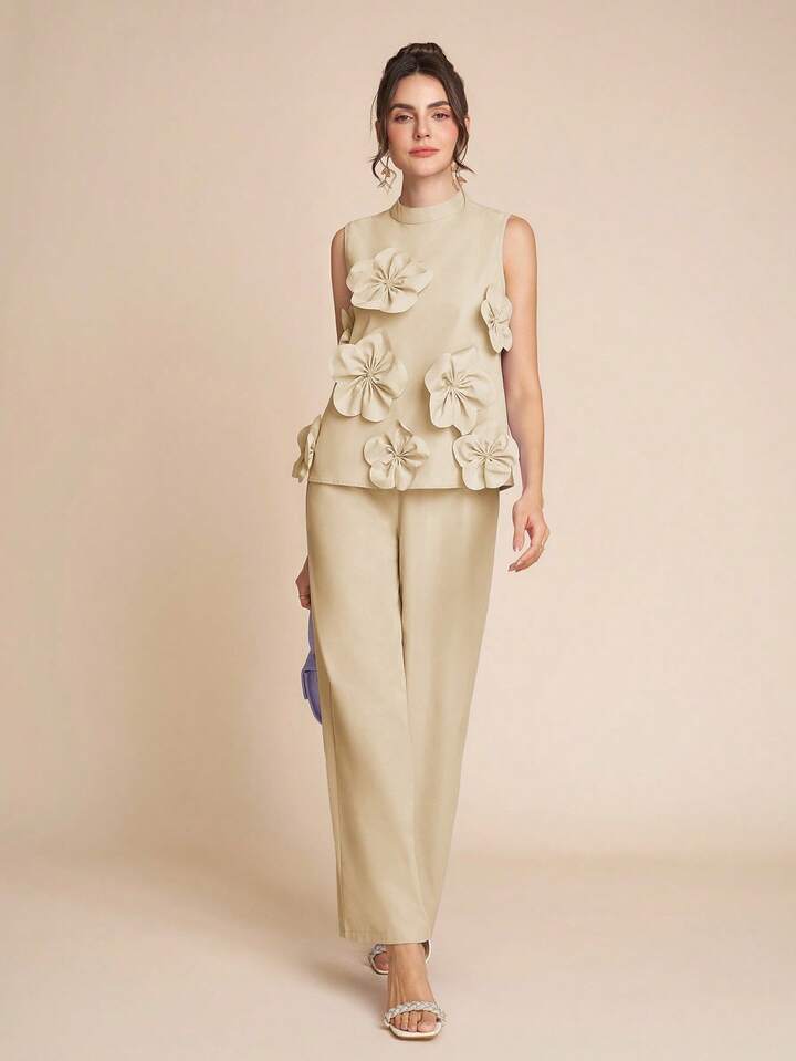 CM-SS359965 Women Elegant Seoul Style Stand Colllar Sleeveless 3D Floral Decor Top With Wide Leg Pants - Set