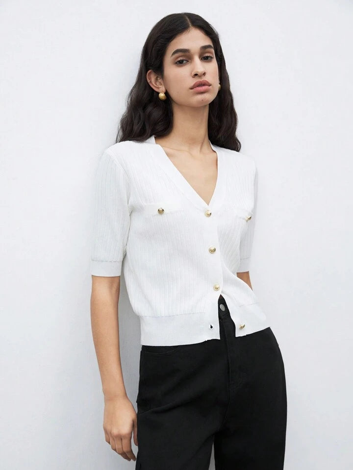 CM-TS513431 Women Casual Seoul Style V-Neck Short Sleeve Button Front Knit Blouse - White
