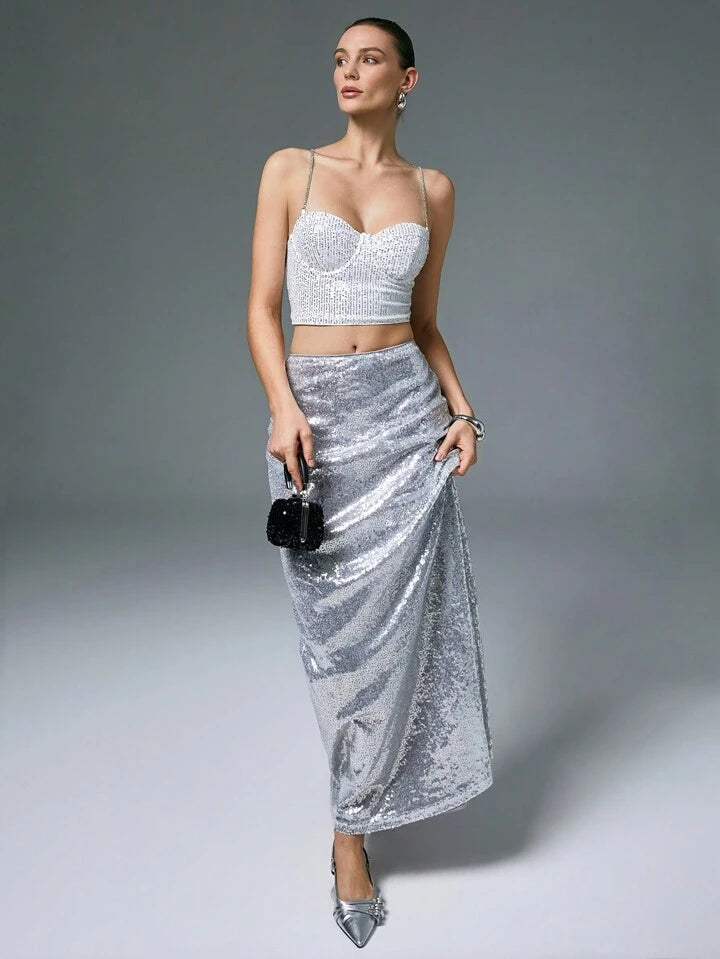 CM-BS292770 Women Elegant Seoul Style Drop Waist Sequined A-Line Maxi Skirt - Silver