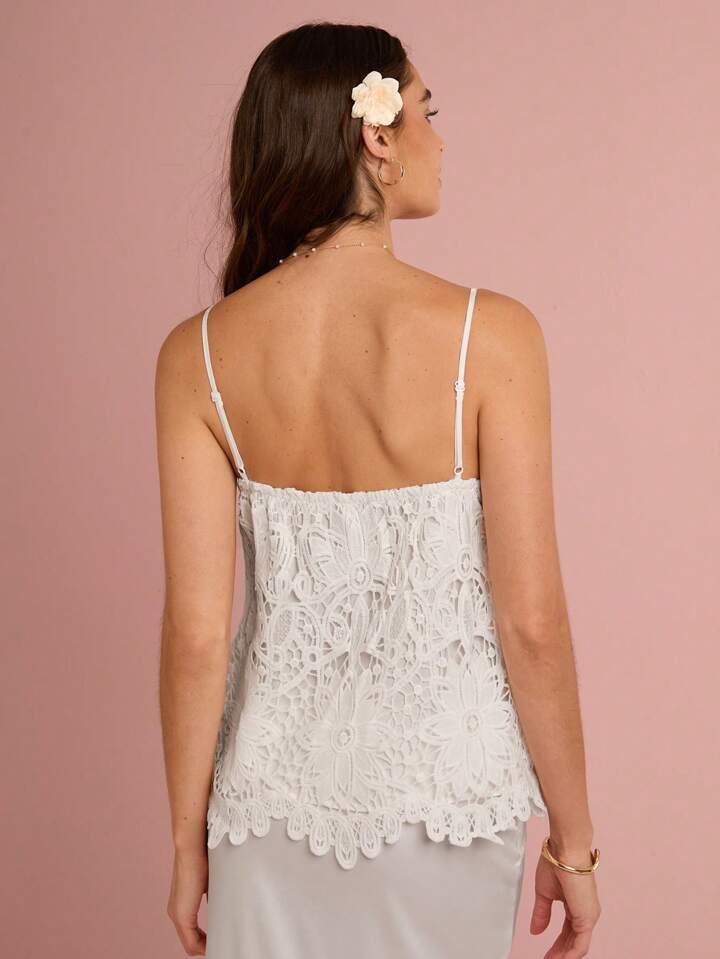 CM-TS216444 Women Elegant Seoul Style Lace Spaghetti Strap Cold Shoulder Cami Top - White