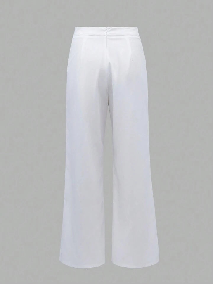 CM-BS641373 Women Casual Seoul Style Tie Drop Waist Slit Hem Straight Leg Pants - White