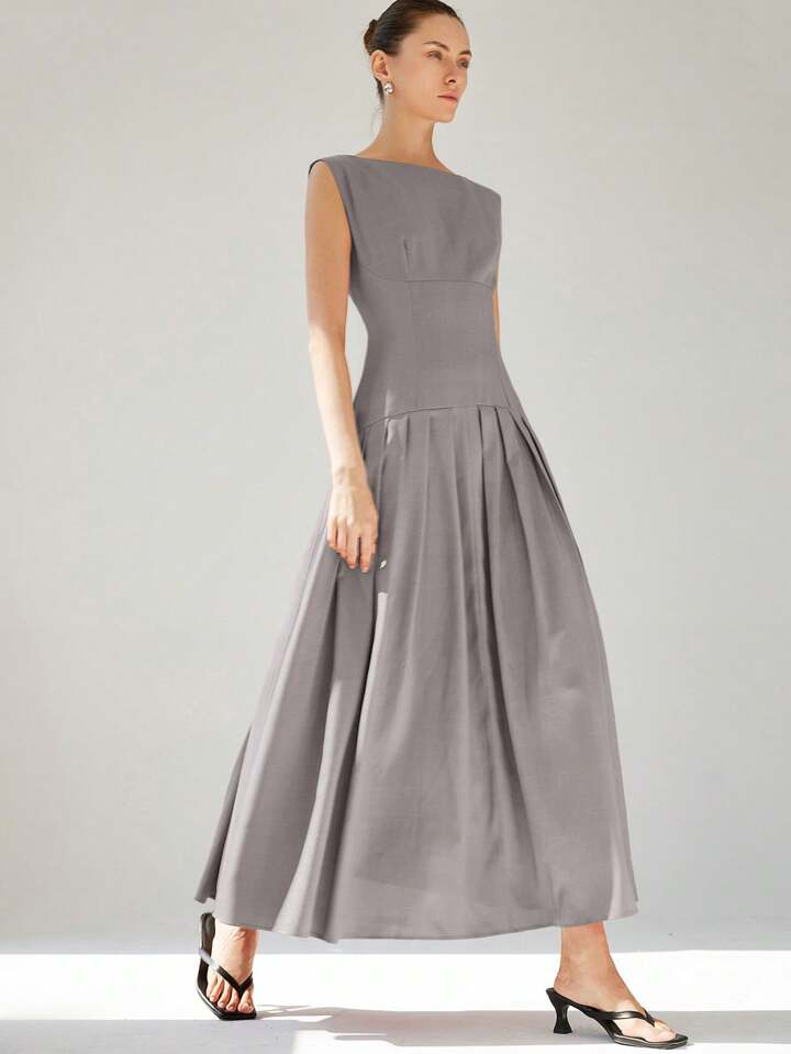 CM-DS887721 Women Elegant Seoul Style Sleeveless Cinched Waist Low Waist Pleated Ruffle Hem Long Dress - Gray