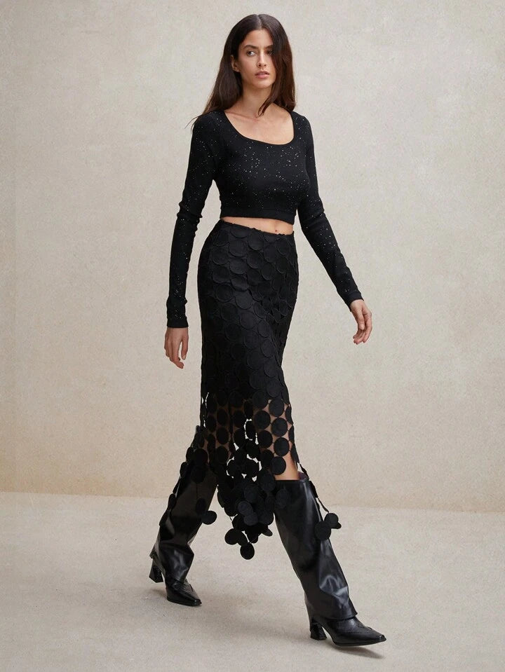 CM-BS464307 Women Trendy Bohemian Style Laser Cut Multi Circle Double Layered Maxi Skirt - Black