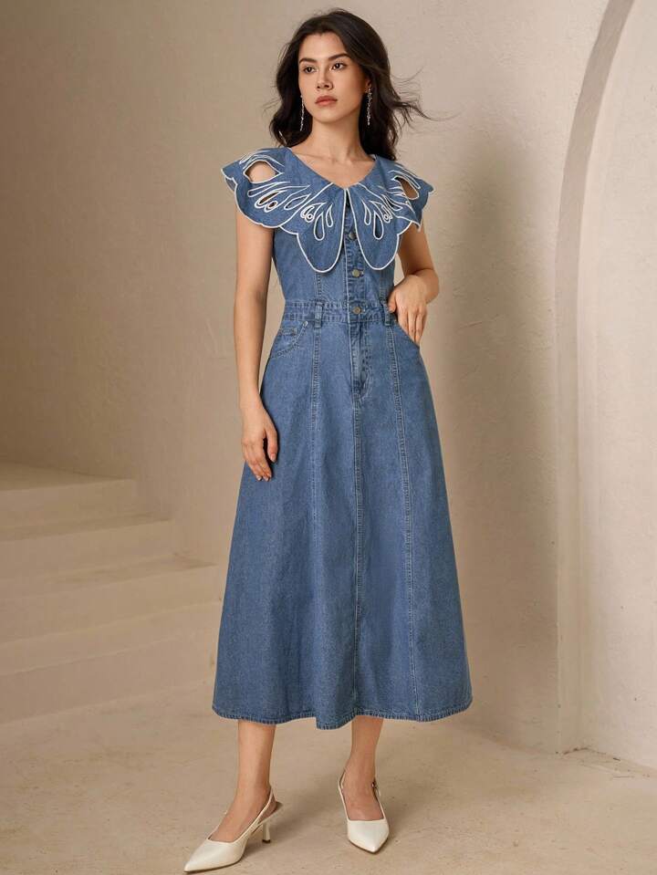 CM-DS084902 Women Elegant Seoul Style Light Wash Hollow Out V-Neck Collar Flounce Sleeve Denim Dress