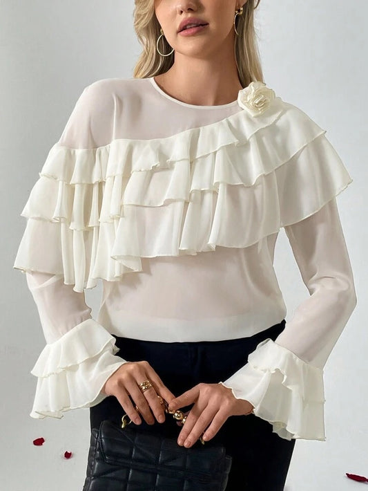 CM-TS684985 Women Elegant Seoul Style 3D Floral Decorated Ruffle Trim Blouse - Apricot
