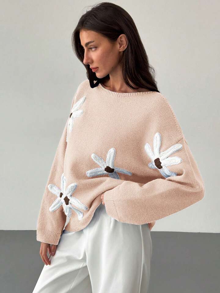 CM-CS463499 Women Casual Seoul Style 3D Floral Decoration Loose Fit Long Sleeve Sweater - Apricot