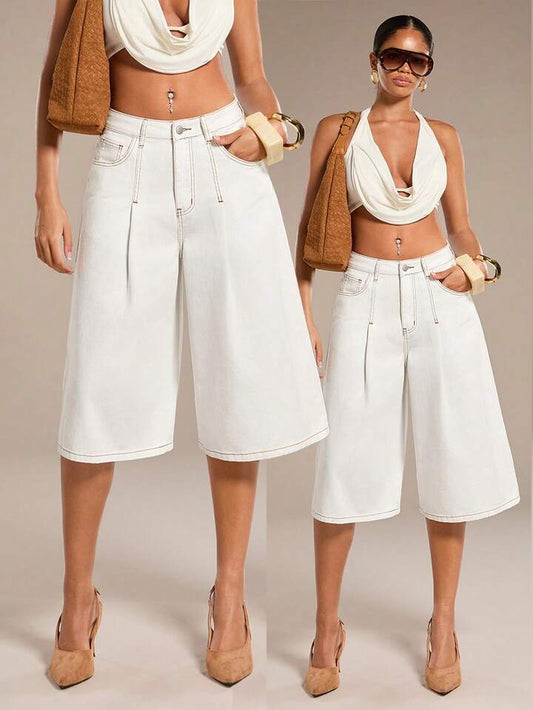 CM-BS133264 Women Casual Seoul Style Mid Waist Pockets Button Wide Leg Jeans - White