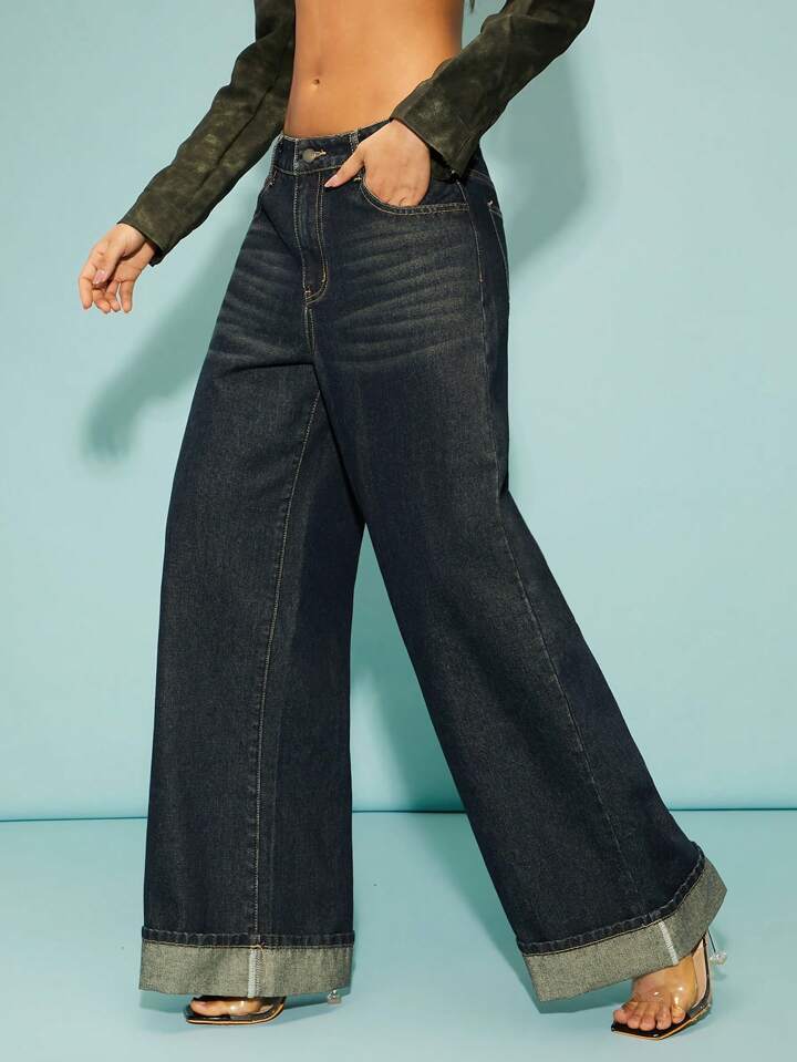 CM-BS841161 Women Elegant Seoul Style Dark Wash Front Button Pocket Wide Leg Jeans