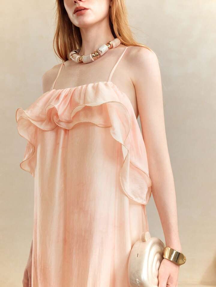 CM-DS766988 Women Trendy Bohemian Styel Oganza Tie-Dye Ombre Off-The-Shoulder Ruffle Hem Camisole Maxi Dress