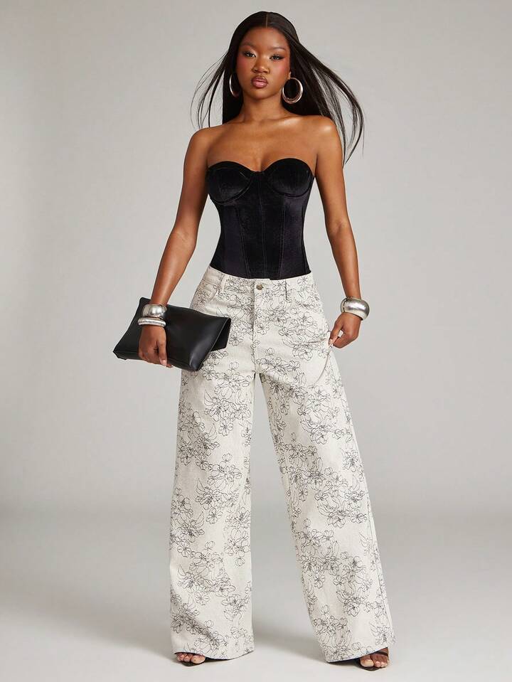 CM-BS532226 Women Casual Seoul Style High Waist Jacquard Floral Print Wide-Leg Jeans