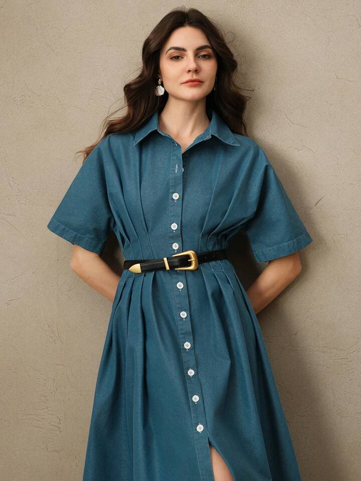 CM-DS203055 Women Elegant Seoul Style Shirt Collar Batwing Sleeve High Waist A-Line Denim Dress - Blue