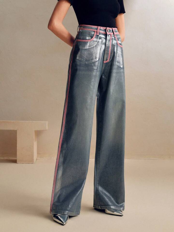 CM-BS238888 Women Elegant Seoul Style High Waist Silver Hot Stamping Flare Jeans - Blue