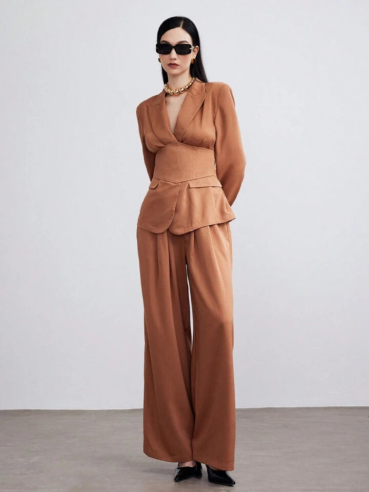 CM-SS265938 Women Elegant Seoul Style Shawl Collar Blazer Suit With Waist Band Long Pants - Set