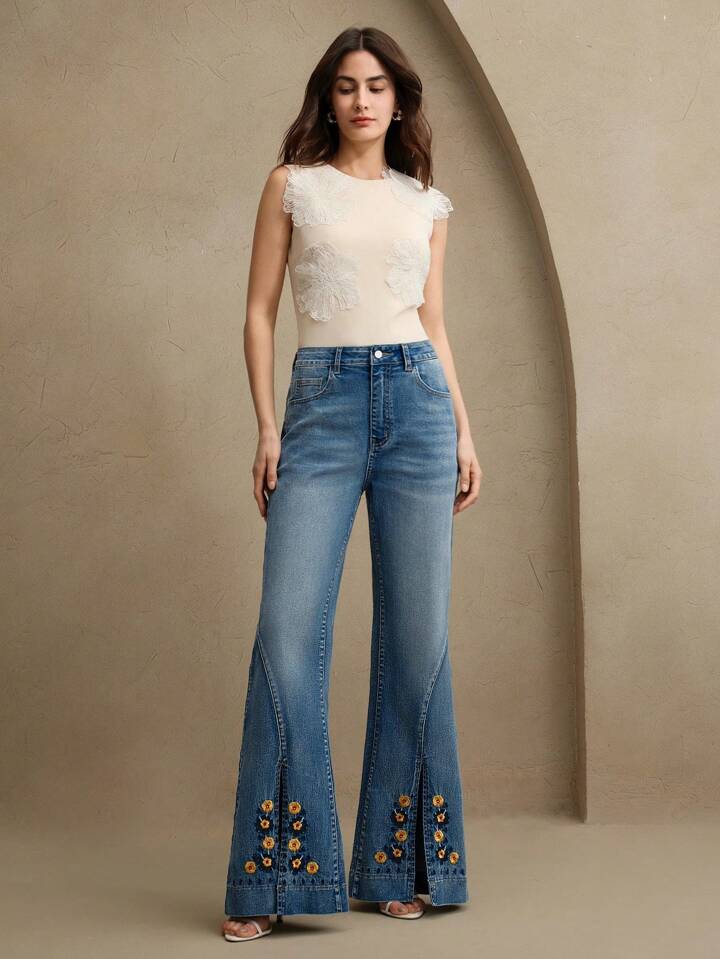 CM-BS483376 Women Elegant Seoul Style Mid Waist Embroidered Floral Flared Jeans - Blue