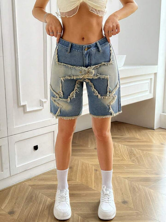CM-BS205510 Women Casual Seoul Style Patchwork Frayed Hem Bermuda Denim Shorts - Blue