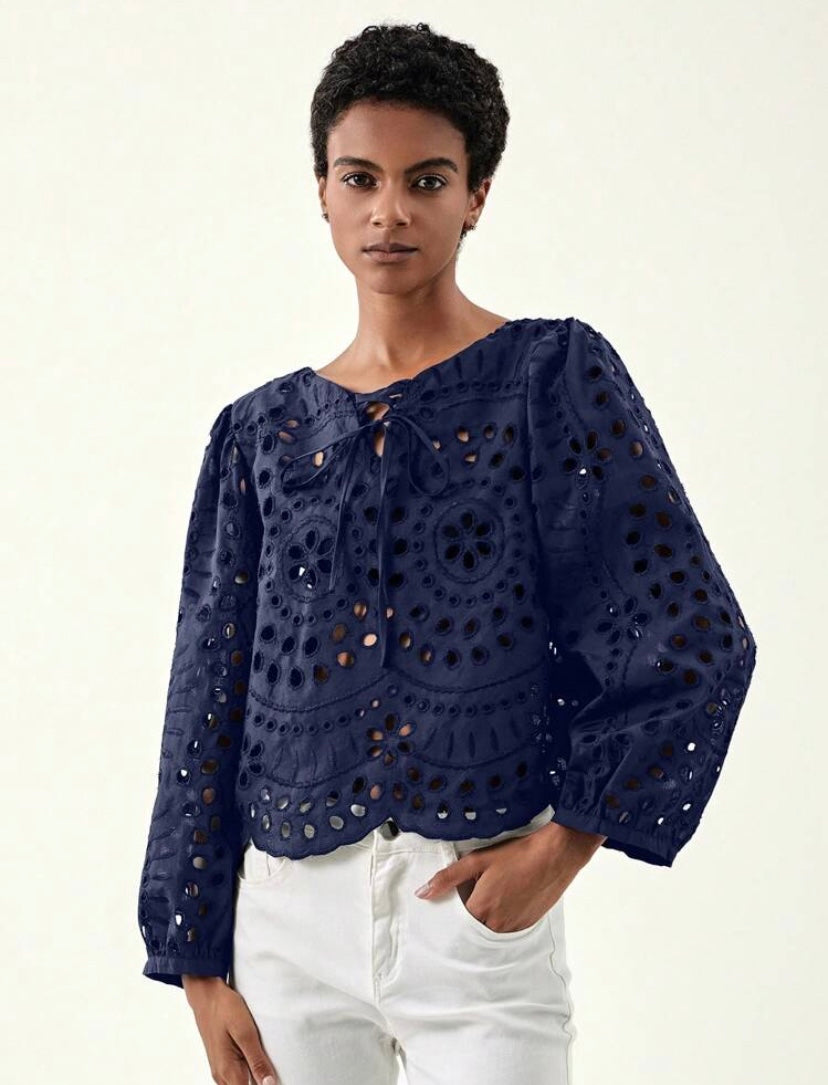 CM-TS121412 Women Trendy Bohemian Style Tie Neck Eyelet Embroidery Hollow Out Blouse