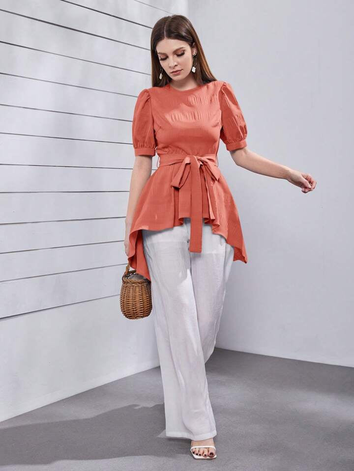 CM-TS730515 Women Casual Seoul Style Round Neck Bubble Short Sleeve Aymmetric Hem Blouse