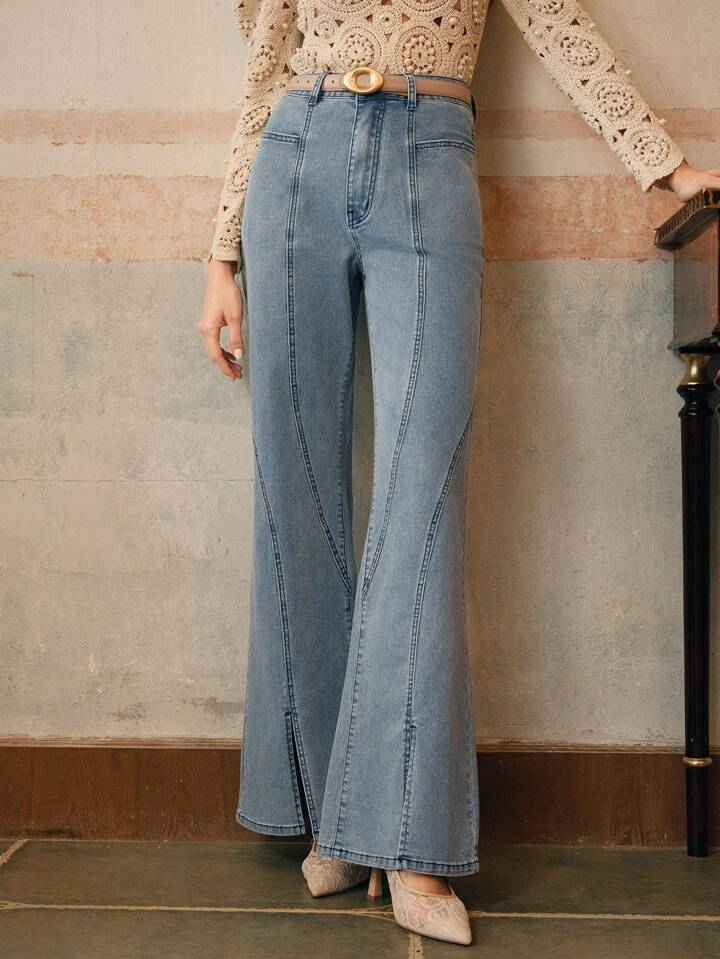 CM-BS068890 Women Casual Seoul Style Bell Bottom High Waist Flare Leg Jeans - Blue
