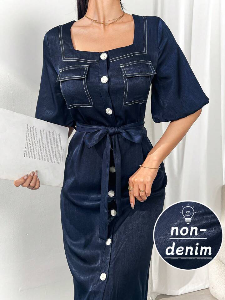 CM-DS778490 Women Elegant Seoul Style Square Neck Front Button Tie-Waist Short Sleeve Dress - Blue