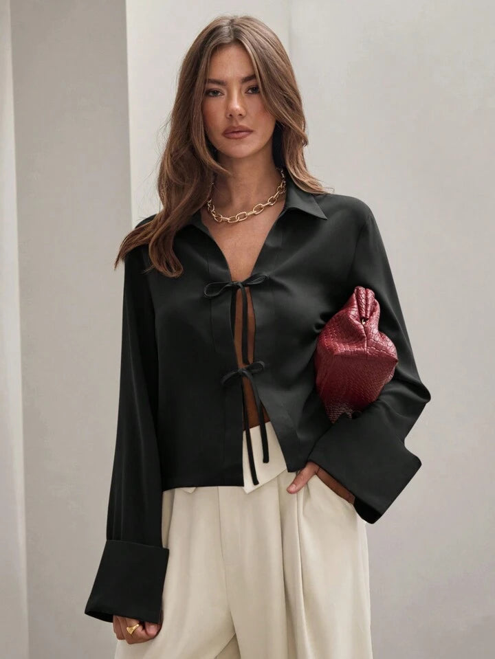CM-TS834463 Women Trendy Bohemian Style Shirt Collar Front Tie Long Sleeve Shirt - Black