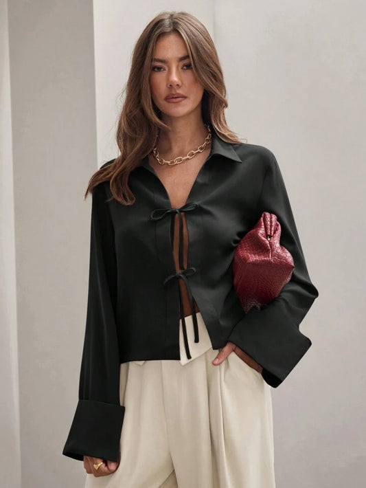 CM-TS834463 Women Trendy Bohemian Style Shirt Collar Front Tie Long Sleeve Shirt - Black