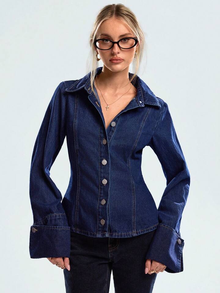 CM-CS618251 Women Casual Seoul Style Collar Neckline Single Breasted Long Sleeve Denim Jacket - Blue