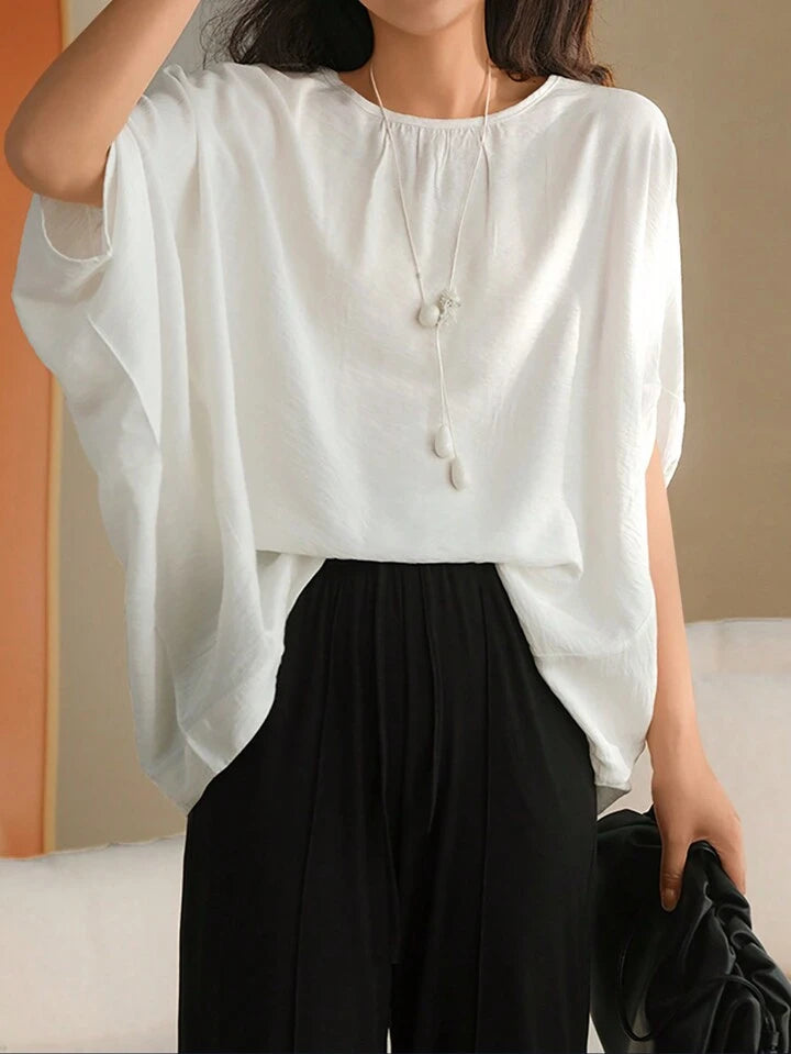 CM-TS906089 Women Trendy Bohemian Style Solid Color Batwing Sleeve Blouse - Beige